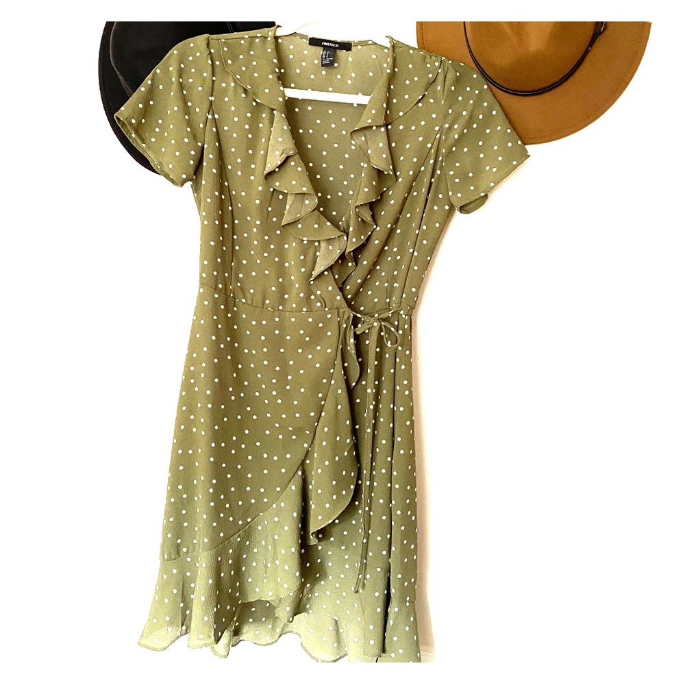 Sage green, polka dot, ruffle wrap dress. Like new